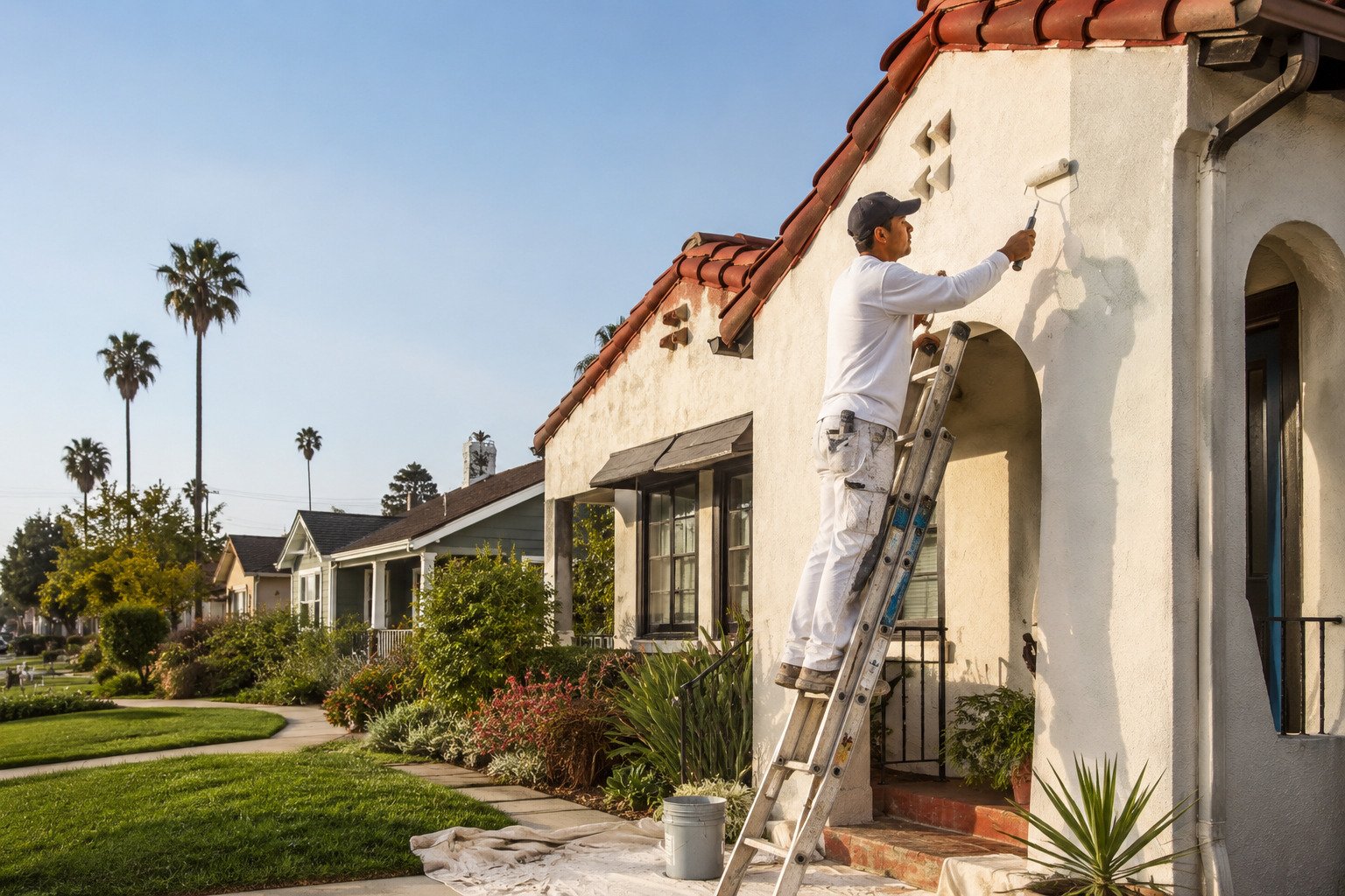 Old Town beach cottage trim and porch being prepared and repainted in Seal Beach, CA