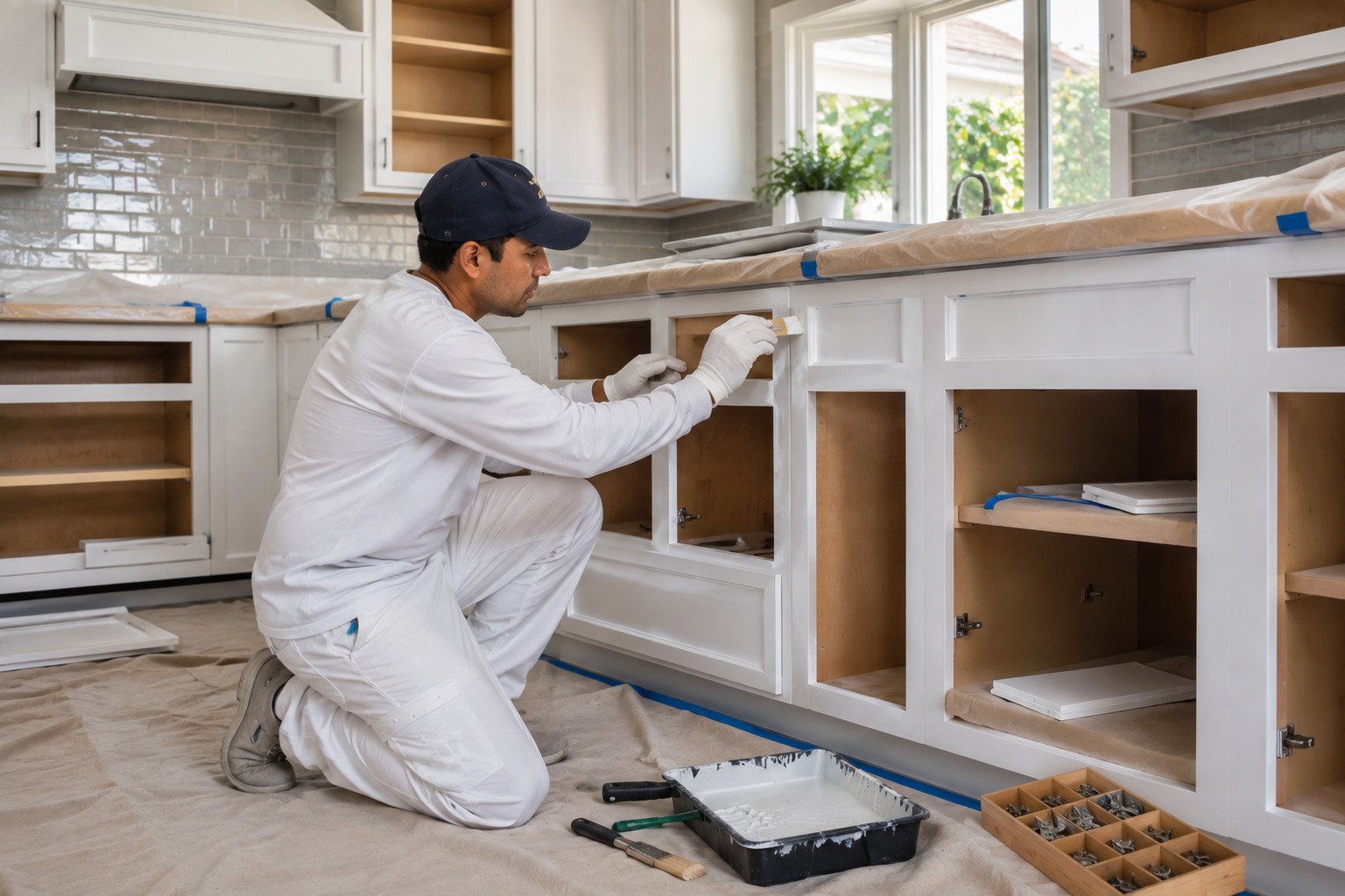 Cabinet doors laid flat and sprayed in a controlled finishing area in Long Beach, CA