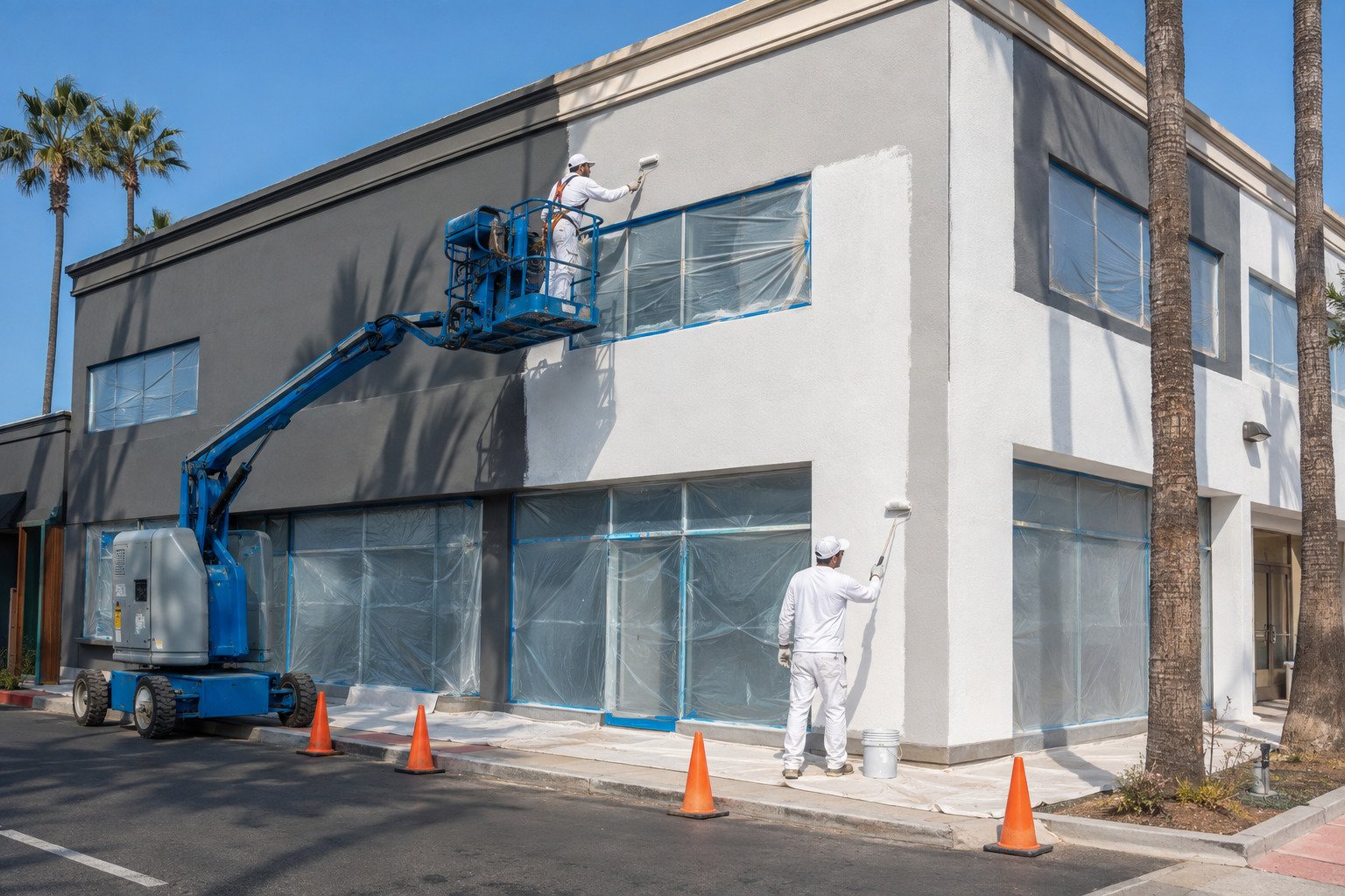 Commercial building exterior painting on a multi-storey property in Long Beach, CA
