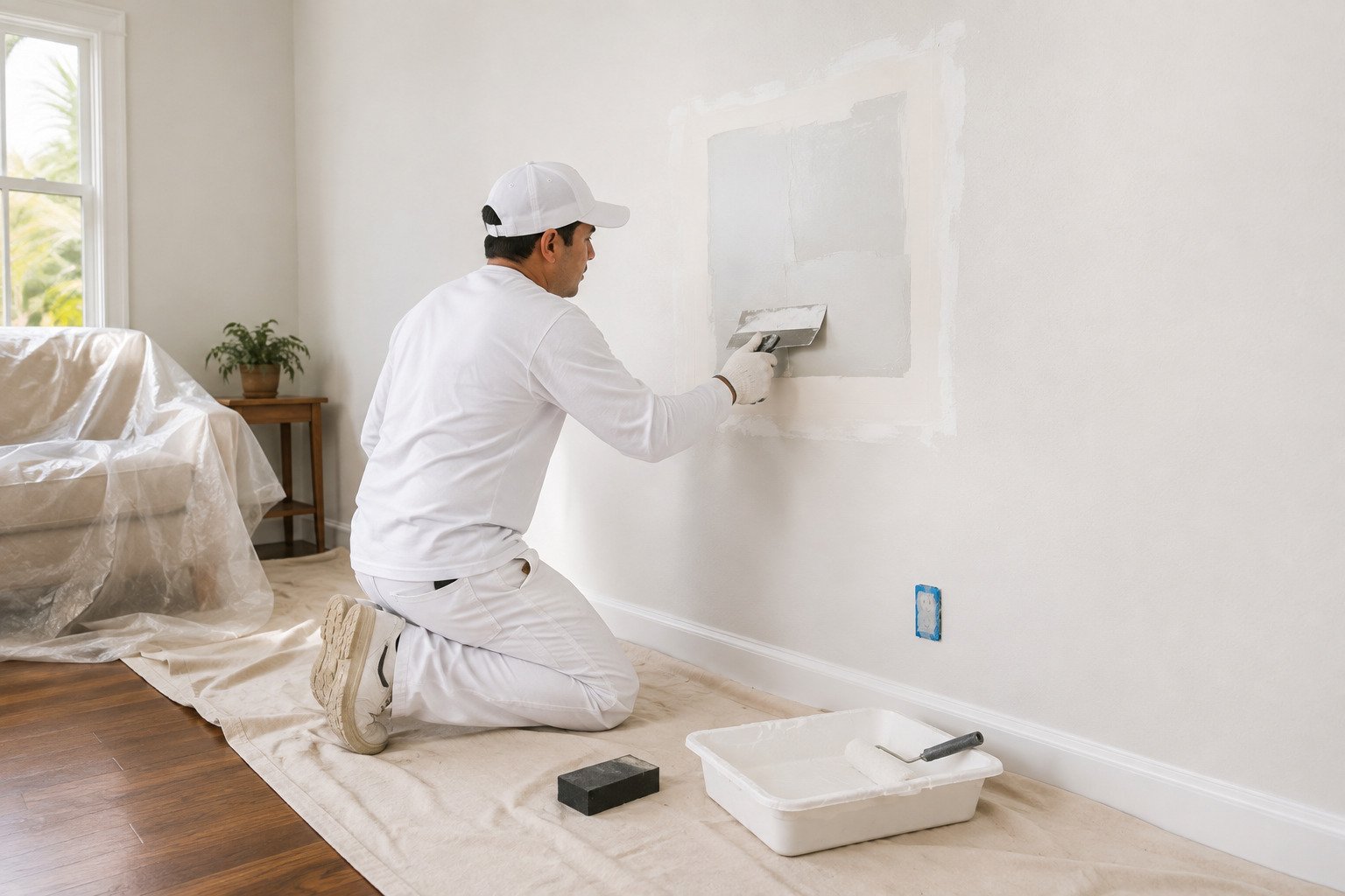 Ceiling seam and nail-pop repair feathered and skimmed before priming in Long Beach, CA