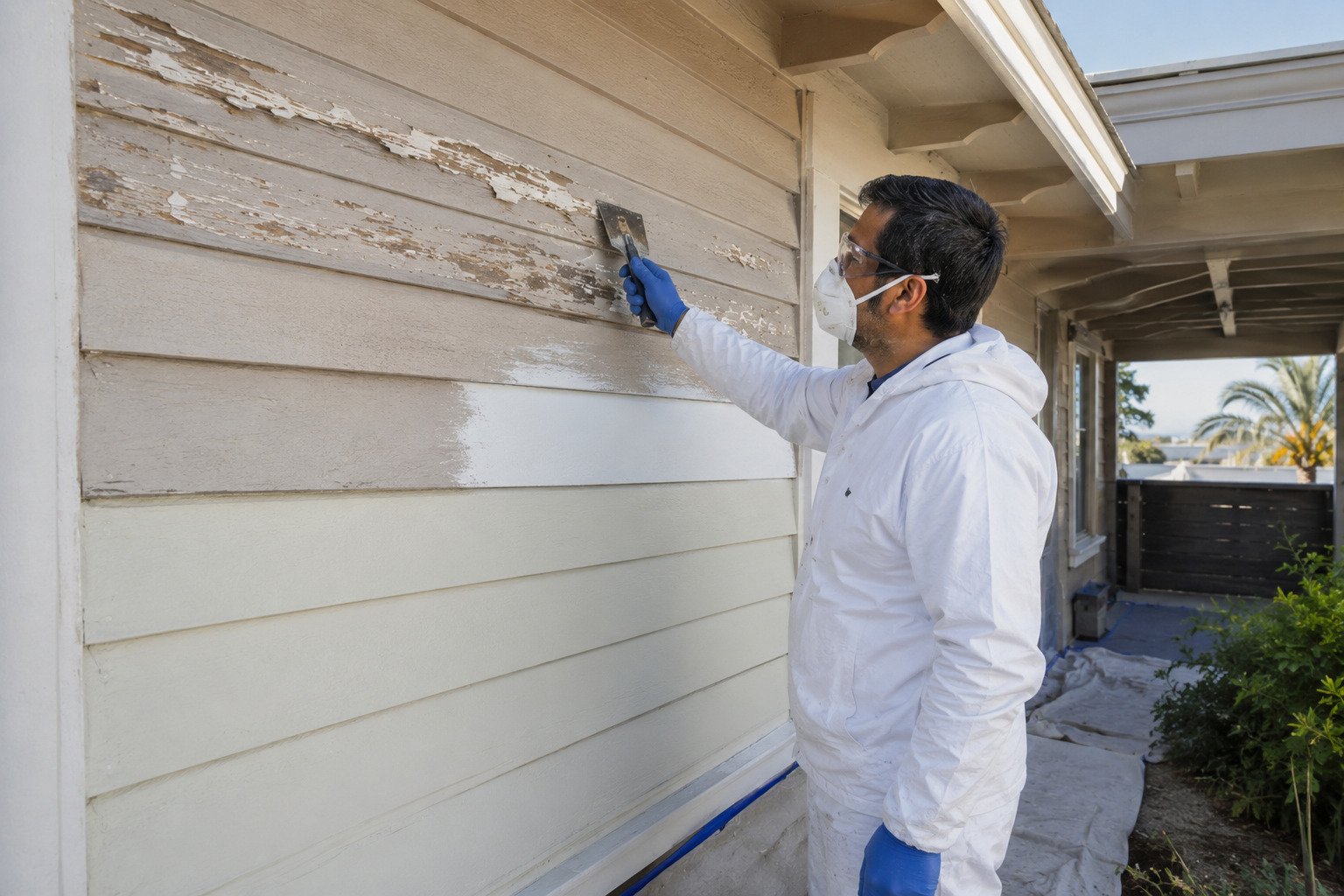 Failed exterior paint being scraped and feathered before priming on a Long Beach, CA home