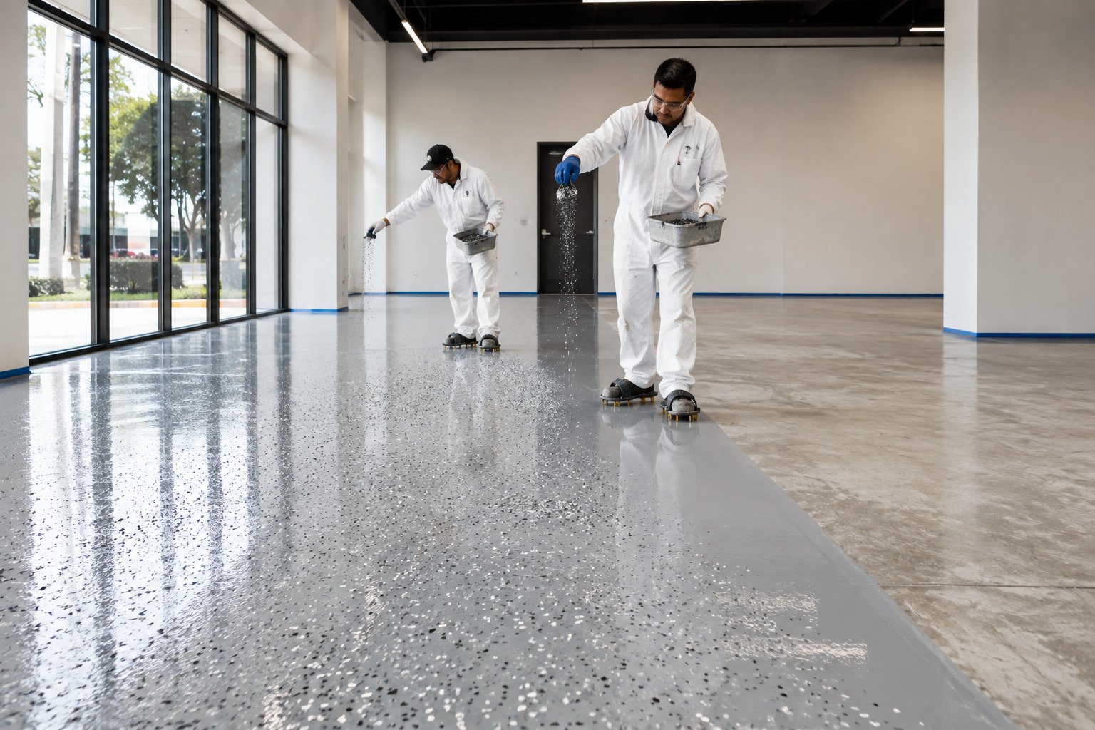Garage slab being diamond ground under vacuum extraction in Long Beach, CA