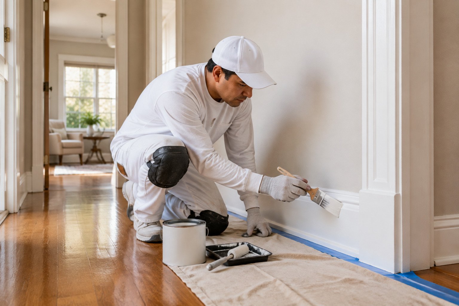 Baseboard and door casing enamel being cut in by hand in a Long Beach, CA interior