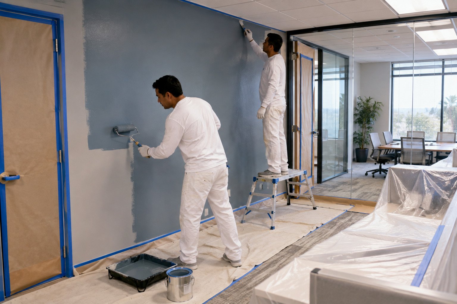 Office and business park building being repainted outside business hours in Cypress, CA