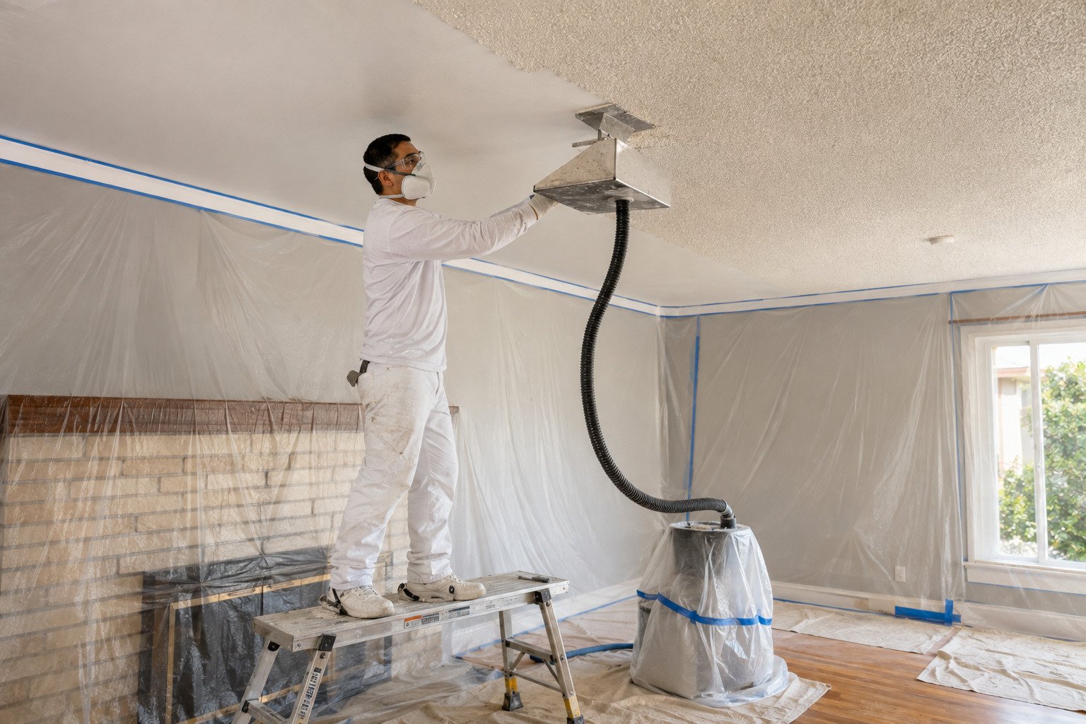 Popcorn ceiling texture being scraped and skimmed smooth in a Long Beach, CA home