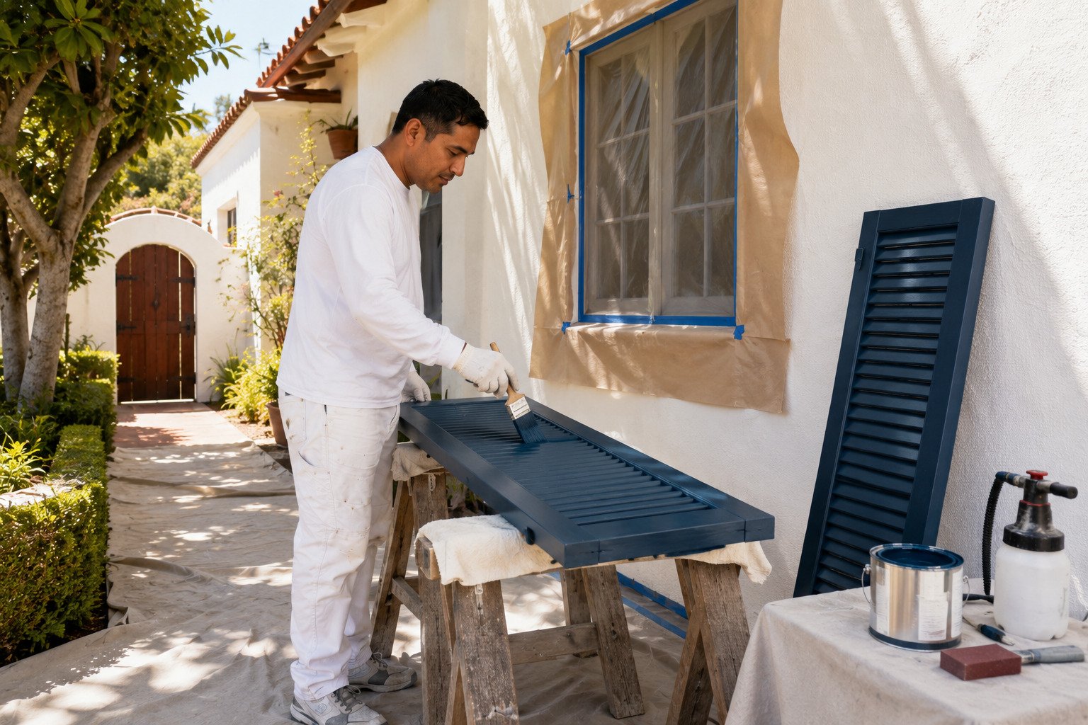 Original wood sash window being repaired and primed during a Long Beach, CA restoration