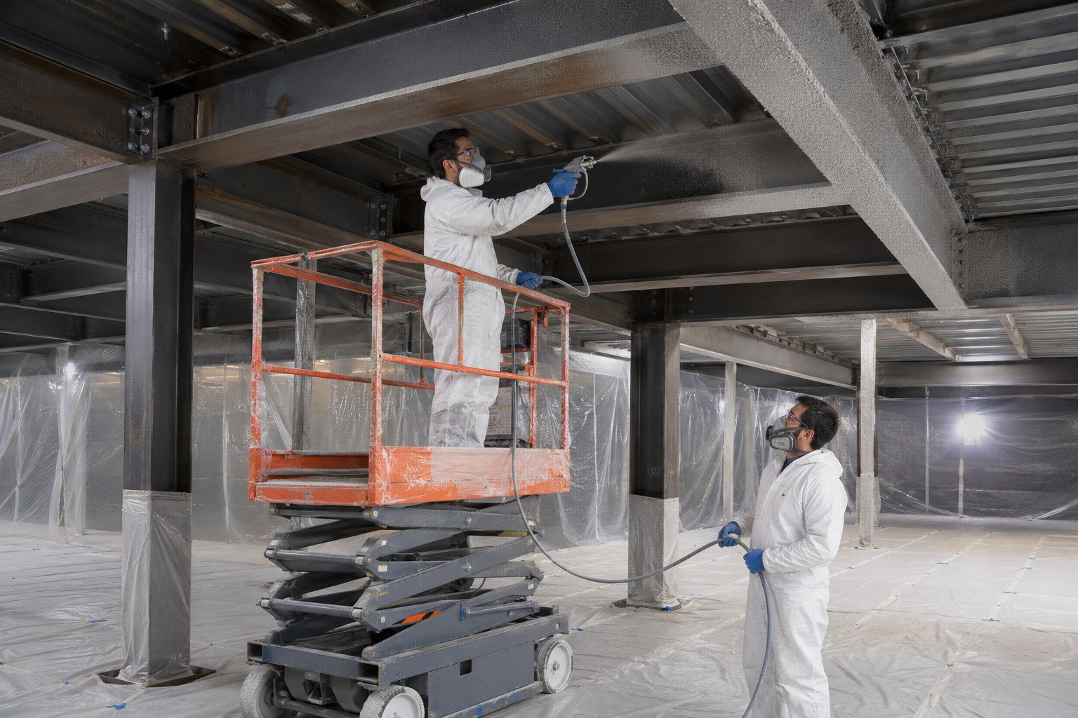 Structural steel being prepared and coated on an industrial site in Carson, CA
