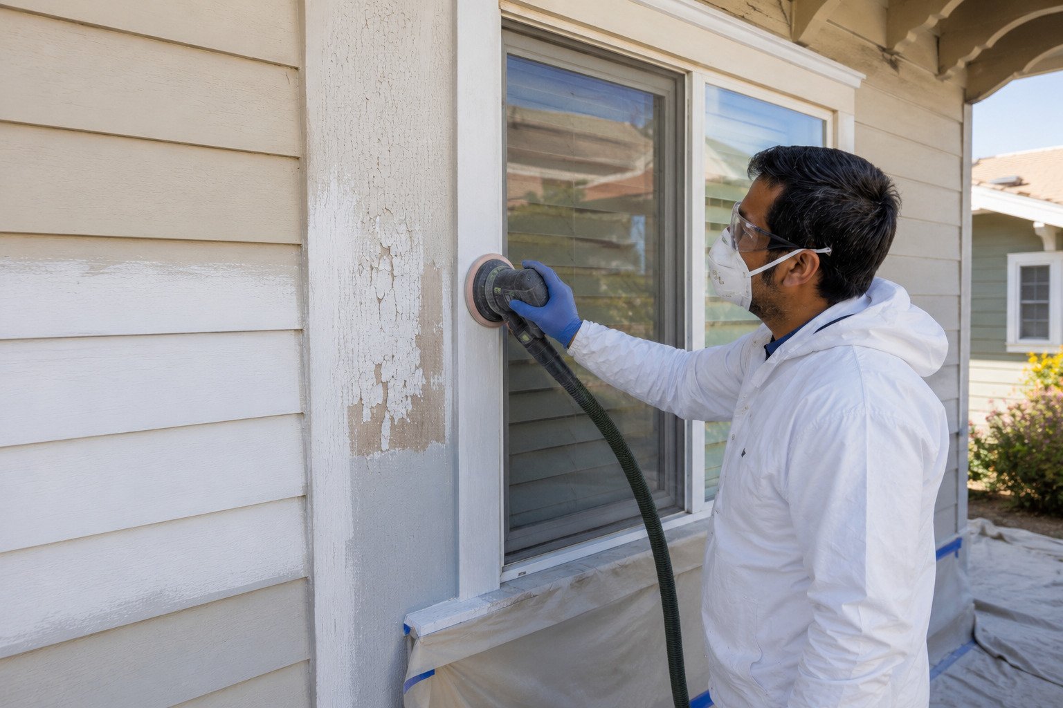 Stress crack in stucco cut open, filled and textured to match on a Long Beach, CA home