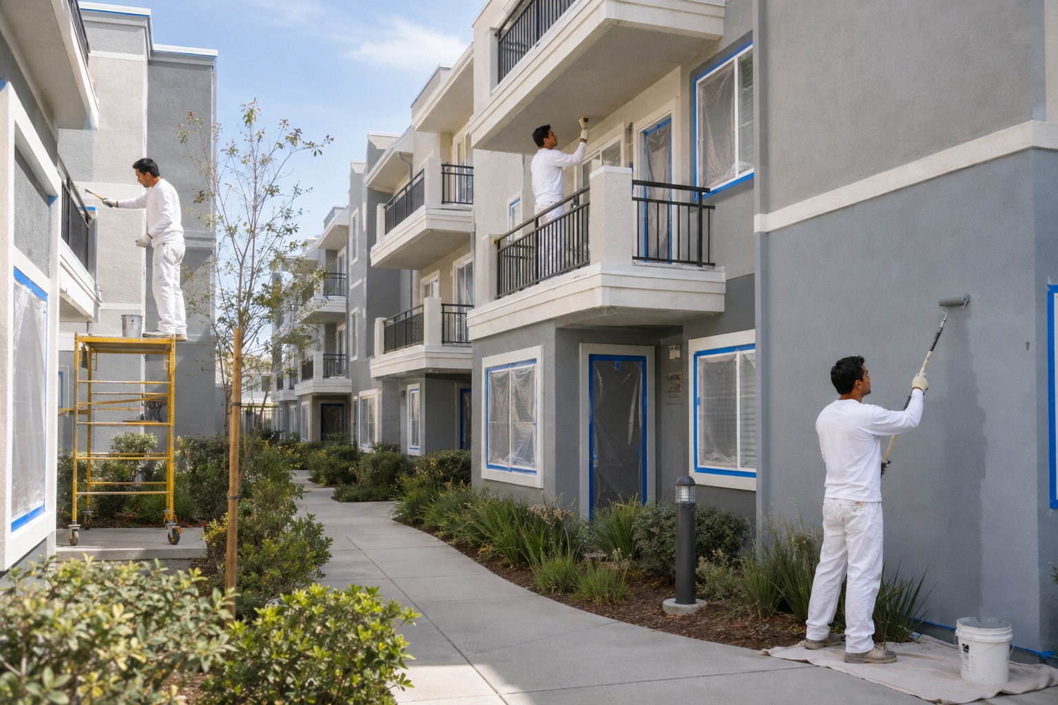 Small multifamily building exterior being repainted between tenancies in Signal Hill, CA