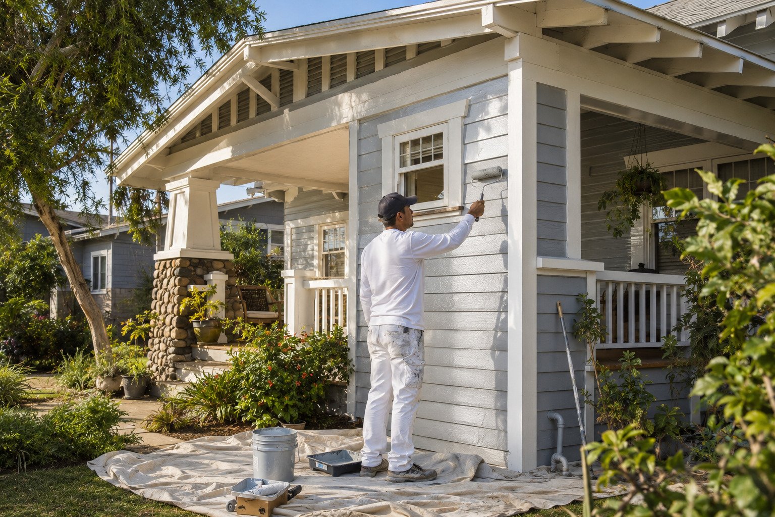 Two-story home exterior being prepared and repainted in Cerritos, CA
