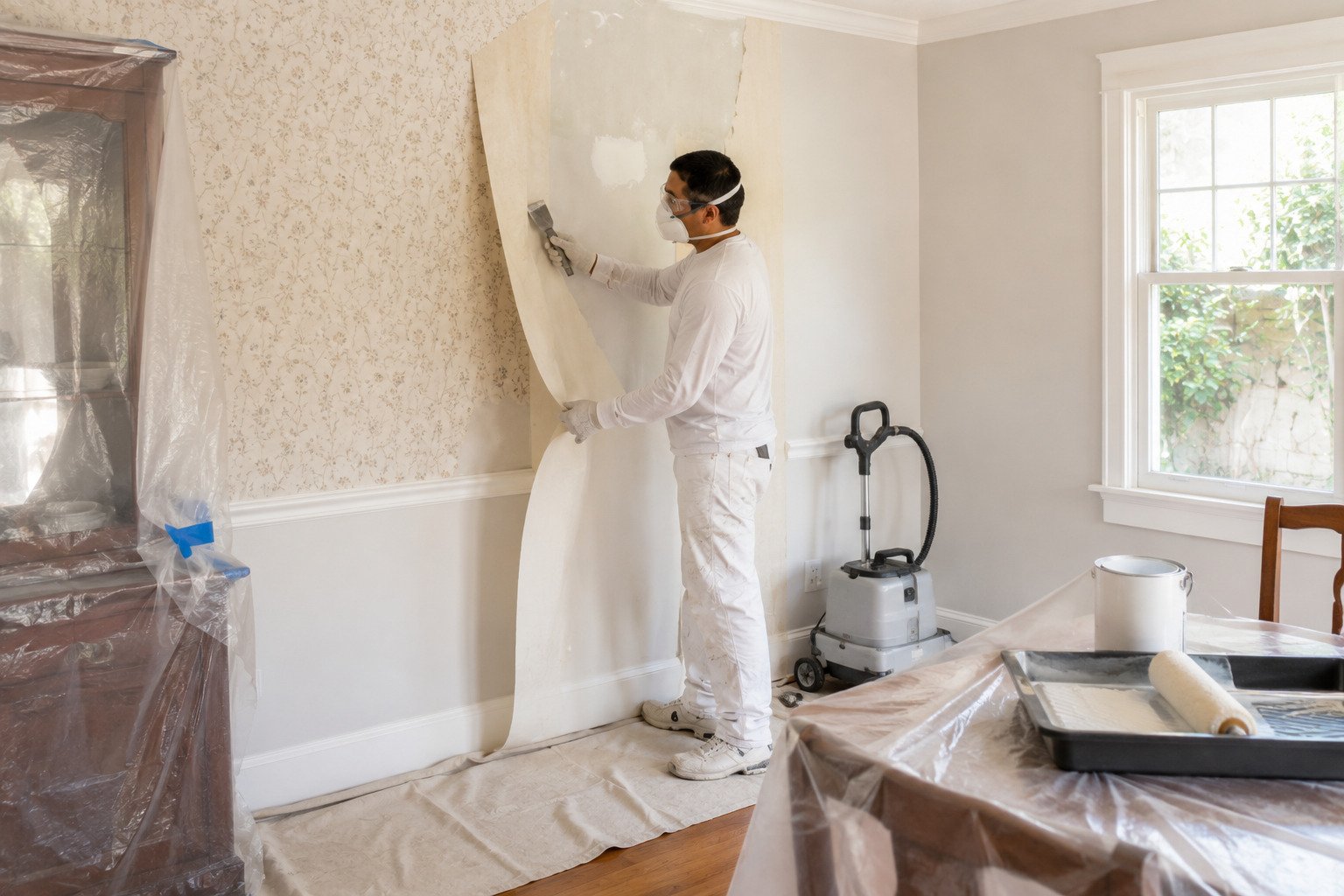 Wallpaper adhesive residue being washed off a stripped wall in Long Beach, CA